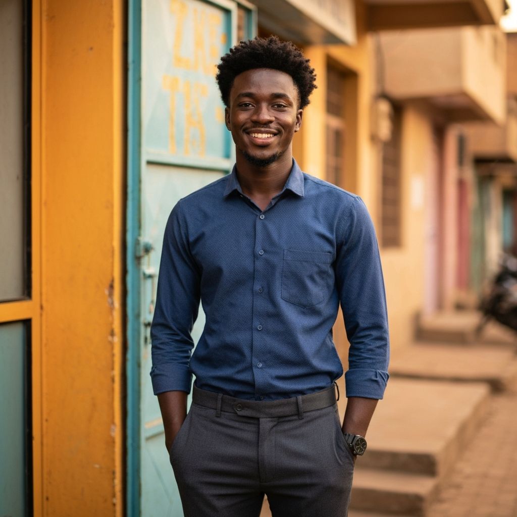 Jeune entrepreneur burkinabe souriant devant son atelier